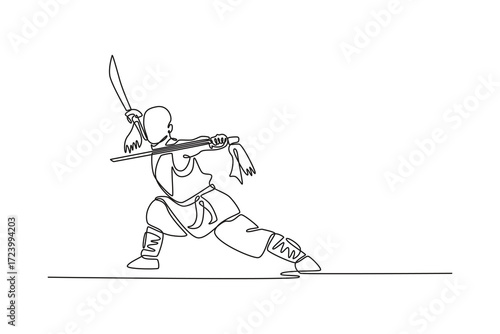 Continuous one line drawing male Shaolin Kung Fu master swinging sword with both hands, capturing fluidity and control disciplined weapon routine. Single line draw design vector graphic illustration