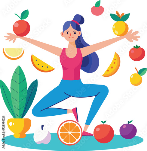 Women is doing yoga and there are some fruit on transparent background