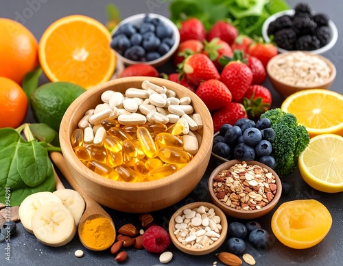 Colorful array of fruits, vegetables, and supplements