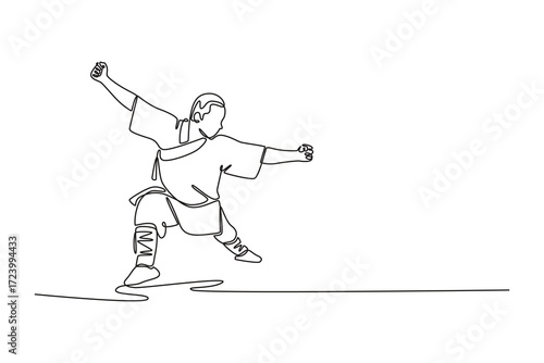 Continuous one line drawing male Shaolin Kung Fu master in a powerful stance, mid-punch with a raised guard, dynamic balance of offense and defense. Single line draw design vector graphic illustration