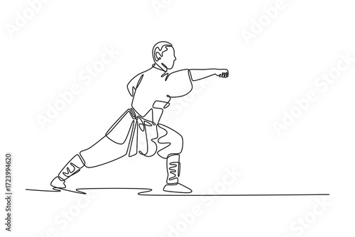 Single continuous line drawing male martial artist in powerful stance, mid-punch, capturing the focused energy and disciplined form of Shaolin routine. One line draw graphic design vector illustration