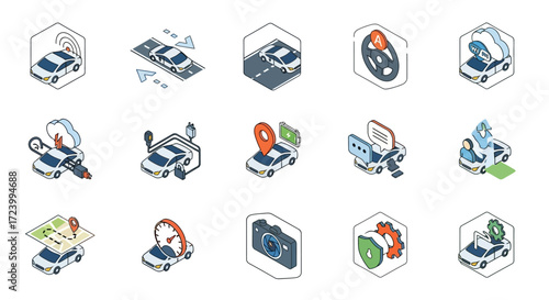 Isometric Icons of Smart Car Technology and Autonomous Driving Systems.