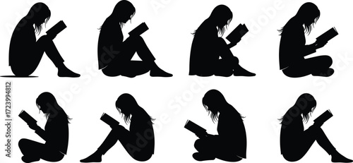 Black silhouette vector illustration of woman reading book in various seated positions, relaxing poses, educational concept, literature, learning design