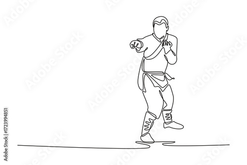 Single continuous line drawing male in a dynamic, balanced stance, ready for combat with one leg raised, focus and agility of Shaolin martial artist. One line draw graphic design vector illustration