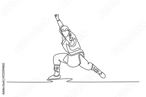 Single continuous line drawing man in powerful, low stance, with one arm raised in strike or block, strength and disciplined form of Shaolin Kung Fu. One line draw graphic design vector illustration