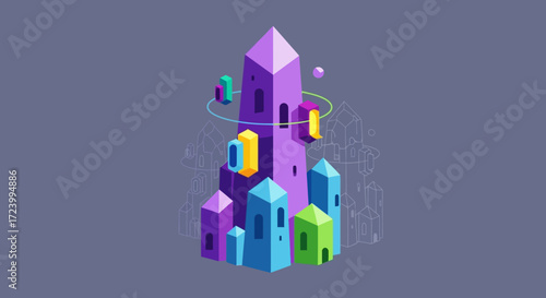 Isometric illustration of a futuristic city with colorful buildings and structures.