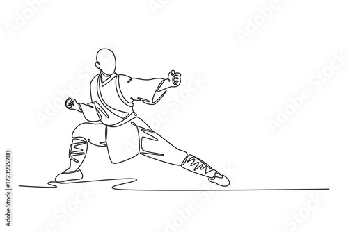 Single continuous line drawing active man in a low, wide stance with clenched fists, powerful Shaolin Kung Fu pose that conveys stability, discipline. One line draw graphic design vector illustration