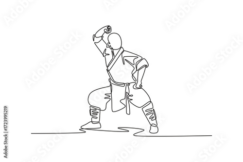 Single continuous line drawing male martial artist in powerful horse stance, discipline, balance, and focused energy of foundational Shaolin Kung Fu posture. One line draw design vector illustration