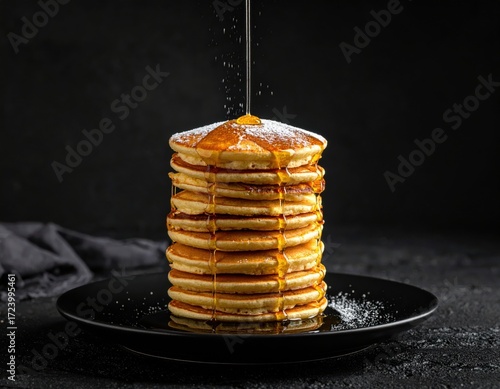 Wallpaper Mural Stack of golden pancakes with syrup being poured on a black plate Torontodigital.ca