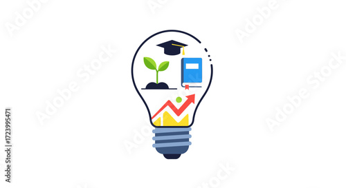 Lightbulb with educational and growth symbols inside, representing ideas and development.