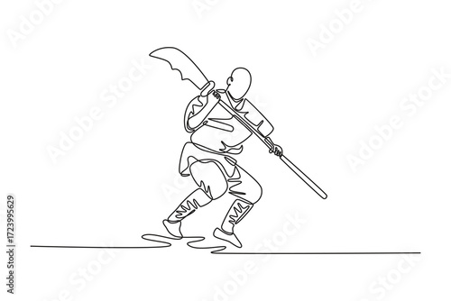 Single one line drawing man is in dynamic, forward-moving stance, holding Guan Dao over his shoulder, fluid motion and power of Shaolin Kung Fu. Continuous line draw design graphic vector illustration