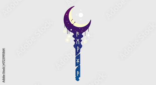 Magical Crescent Moon Staff with Stars and Celestial Symbols.