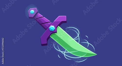 Magical glowing green dagger with purple hilt and blue gems.