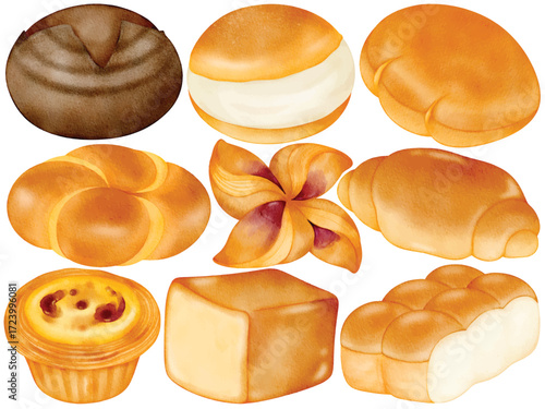 Watercolor Bread Clip Art Set Hand Painted Bakery Loaf Bun Croissant Danish Custard Tart Pastry Food Vector Illustration