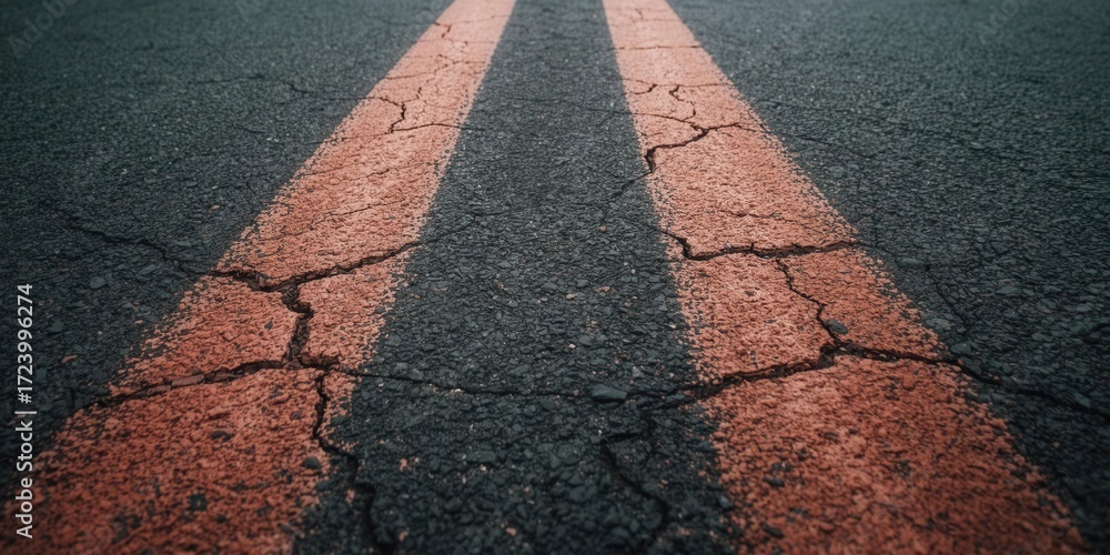 Fototapeta premium Cracked asphalt road with orange lines urban setting ground level perspective street photography concept