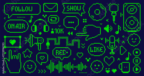 Green color set with 8 bit Y2K pixel color podcast elements.