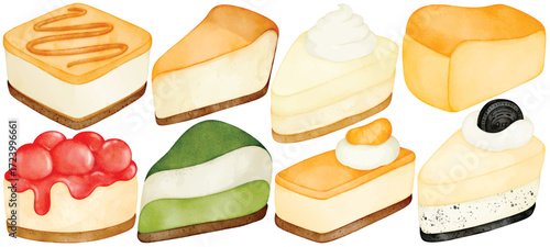Watercolor Cake Clip Art Set Hand Painted Cheesecake Dessert Slice Strawberry Matcha Oreo Cream Vector Illustration