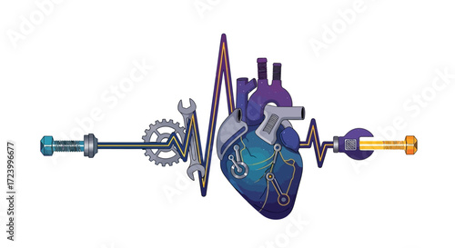 Mechanical Heart Illustration with Tools and Circuitry Depiction.