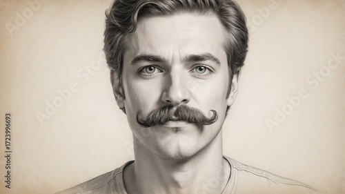 Stylish man with a mustache, serious expression, graphic portrait on a light background