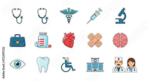 Medical healthcare icons set representing various medical equipment and symbols.