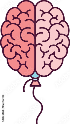 Minimalistic brain shaped balloon, parachute floating on blue sky. Human brain red balloon on the blue sky. Brain shaped parachute in the sky editable vector illustration icon