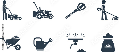 set of tools landscaping tools and machinery, lawn mower, rake, watering can, shovel, sprinkler, wheel barrow, tree cutter icons set vector illustration