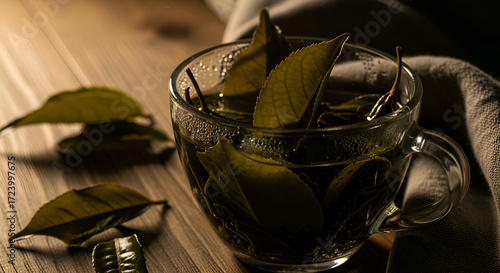 Close-up Of Tea Leaves In A Glass Cup, Serene Visual Of Herbal Drink, Wooden Table