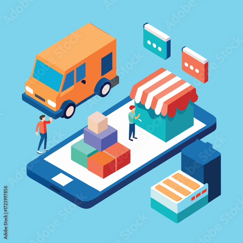 Isometric illustration of a mobile phone displaying a virtual store with a delivery truck and shopping cart representing the convenience of online shopping and e commerce logistics