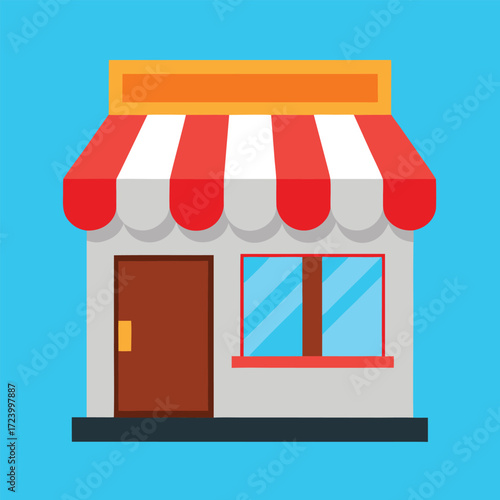 A charming and inviting storefront with a red and white striped awning a brown door and a large window set against a vibrant blue background perfect for small business concepts