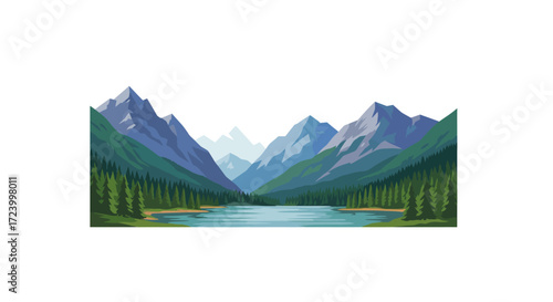 Bild auf Leinwand Mountain Lake Landscape with Evergreen Forest and Peaks.