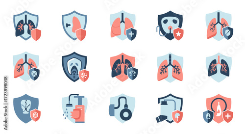 Medical protection shield icons for respiratory health and safety.