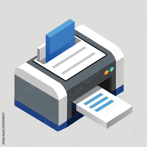 Modern isometric illustration of a sleek office printer with paper feeding in and printing out representing document creation and office technology