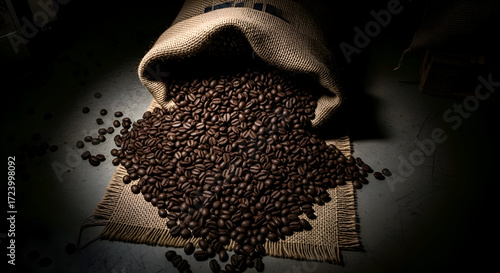 Close-up shot of spilled coffee beans from a sack in a dark environment
