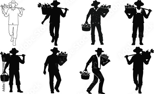 Farmer silhouette carrying vegetable basket agriculture worker hat rural lifestyle harvest farming illustration vector design for food market concept