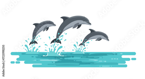Three Gray Dolphins Leaping from Stylized Blue Water.