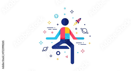 Meditating Figure Surrounded by Cosmic Elements, Representing Mental Balance and Focus.