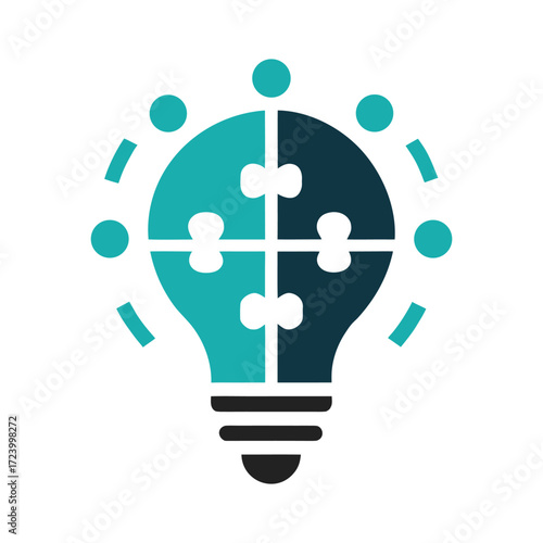 Abstract illustration of a light bulb composed of puzzle pieces with a circle of diverse people surrounding it symbolizing teamwork and innovation