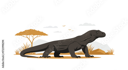 Komodo Dragon Illustration: Large Reptile with Scaly Skin in Natural Habitat.