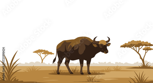 Gaur Illustration in a Savannah Landscape Brown Tones.