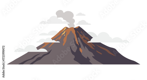 Illustrated Volcano Erupting with Smoke and Surrounded by Clouds.