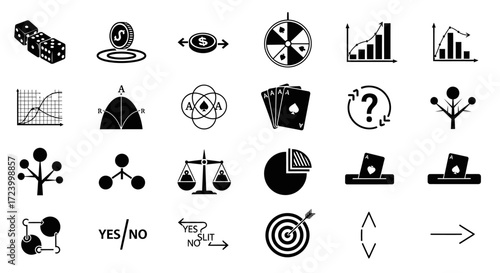 Monochrome Glyph Icon Set for Probability and Statistics.