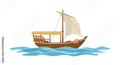 Cartoon Wooden Sailboat with Thatched Roof on Blue Waves.