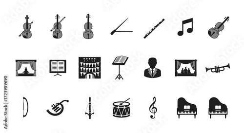 Musical instruments and symbols collection for music and performance.
