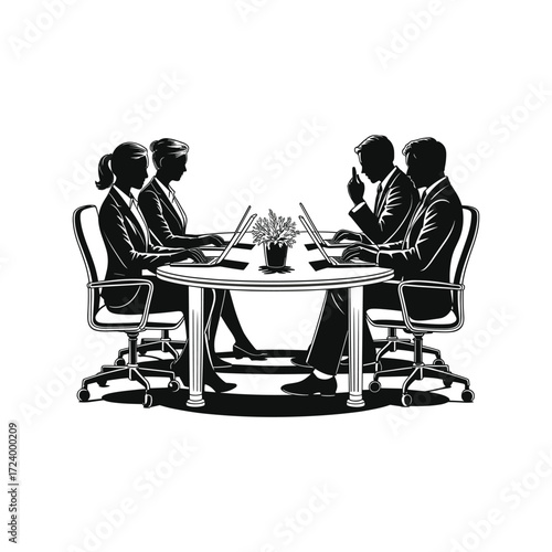 Silhouetted business people collaborate around a conference table with laptops in a meeting
