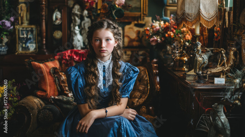 Wallpaper Mural Victorian young girl with long hair wearing a blue dress sitting on an antique chair in an ornate room filled with vintage decorations and flowers. Torontodigital.ca