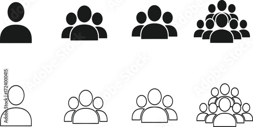 Minimalist people icons set showing single person, group of three, and multiple crowd symbols in filled and outlined vector style