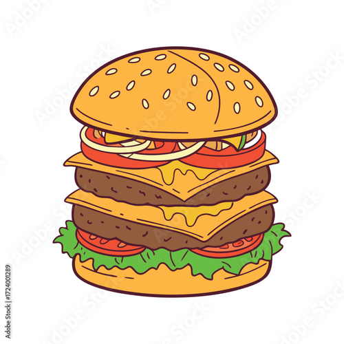 A delicious towering double cheeseburger with fresh lettuce tomato onion and melted cheese stacked high on a sesame seed bun isolated on white background