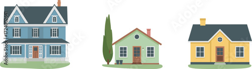 Residential houses, architectural styles, colorful homes, gabled roofs, picket fence, chimneys, suburban neighborhood, cozy dwellings, home design, exterior illustration