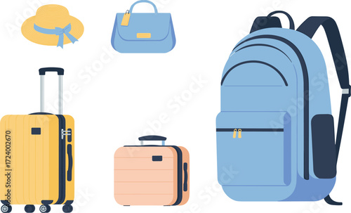 Travel essentials, stylish luggage, modern suitcase, vacation gear, backpack and handbag, packing items, summer accessories, tourism concept, travel preparation