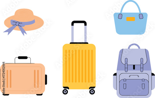 Travel essentials, stylish luggage, modern suitcase, vacation gear, backpack and handbag, packing accessories, tourism items, summer trip, travel preparation